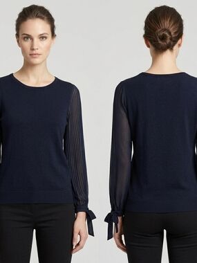 CeCe Navy Knit Top with Sheer Trim
